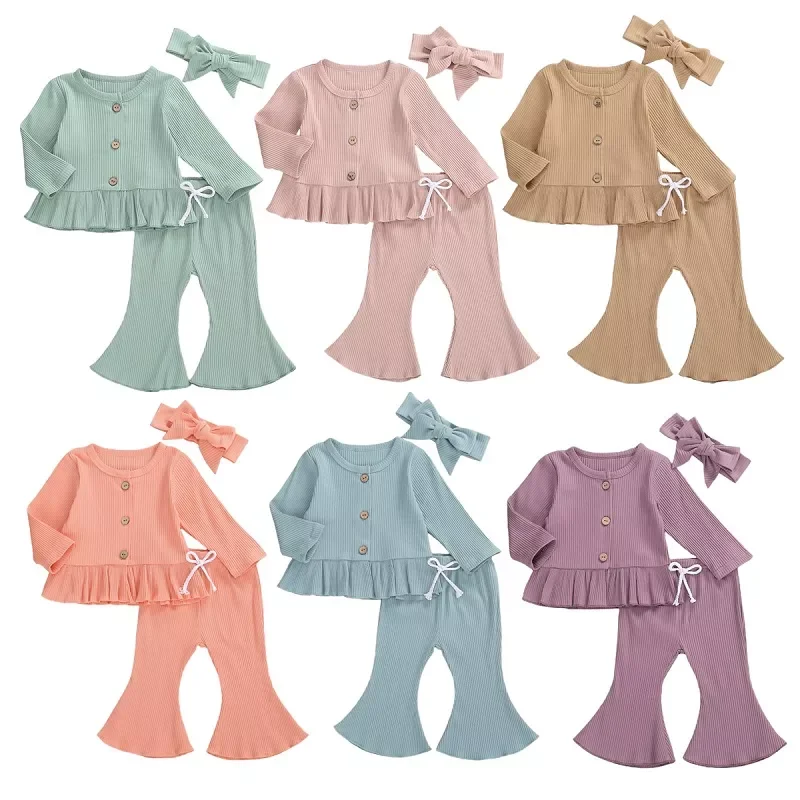 Newborn Baby Toddler Girls 3 Pcs Knit Outfits Long Sleeve Buttons Round Neck Ruffle Top + Long Flared Pant + Headband