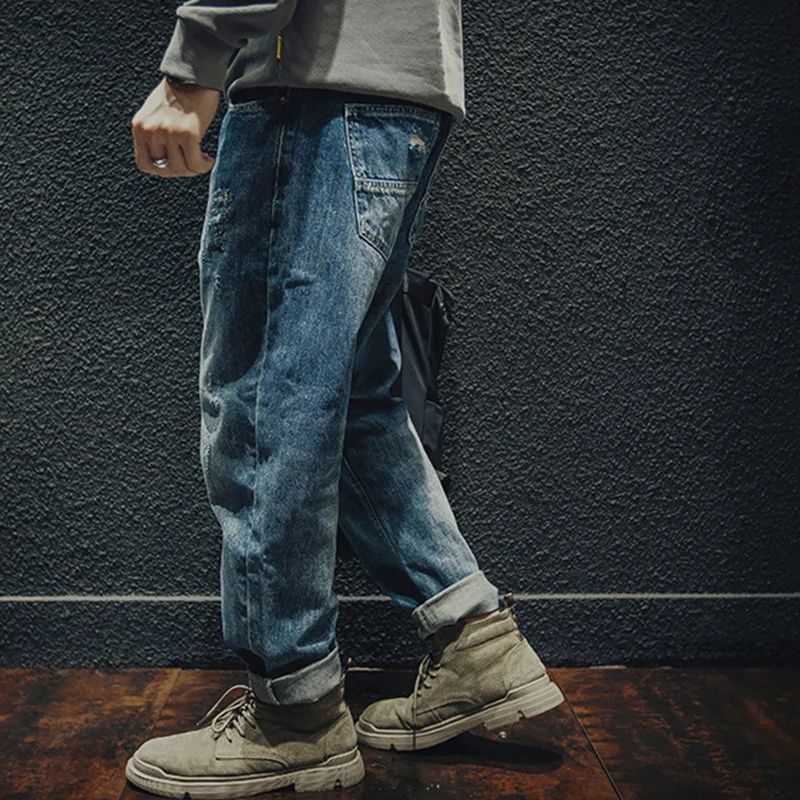 Men Clothing Autumn and Winter New Straight Loose Cylinder Jeans Vintage Chaopai Comfortable Blue Ripped Harun Trousers Female