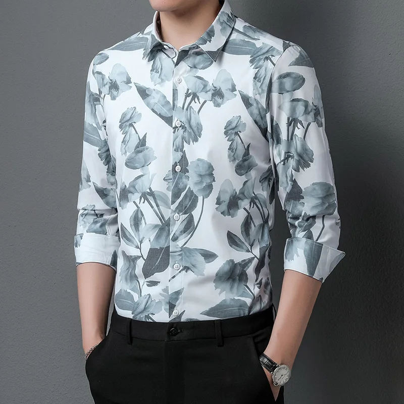 Mattswag Mens Flower Printed Long Sleeve T Shirts Vintage Classic Breathable Men's Clothing Casual Slim Fit Shirts Camisa Hombre