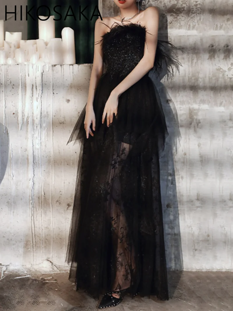 

Off Shoulder Chinese Prom Dresses Mesh Perspective Cheongsam Qipao Dress with Feather Embroidered Flares Celebrity Banquet Gown