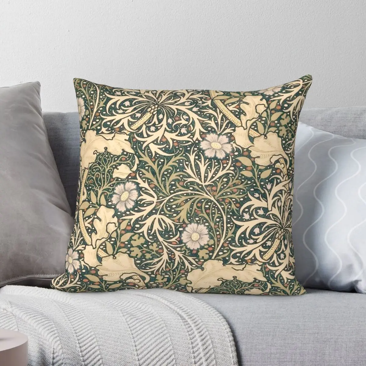 

Подушка с винтажным рисунком морских водорослей, полиэстер, лен, бархат