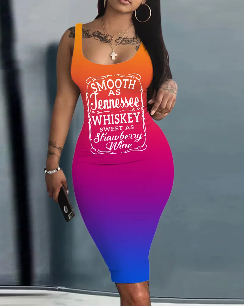 

Smooth As Tennessee Whiskey Sweet As Strawberry Wine Print Ombre Sleeveless Bodycon Dress Chic Sexy Form-fitting