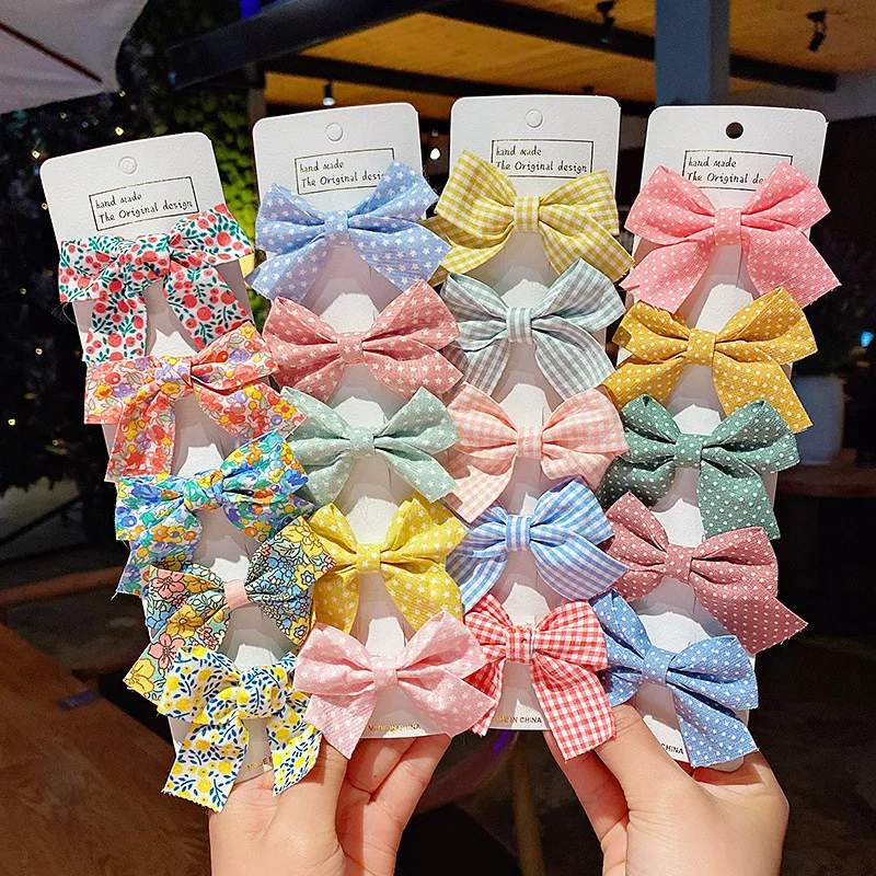 5PCS/Set Korean Cloth Plaid Dot Solid Bow Butterfly Small Hair Clips For Girl Children Cute Print Flower Cherry Hairpin Headwear