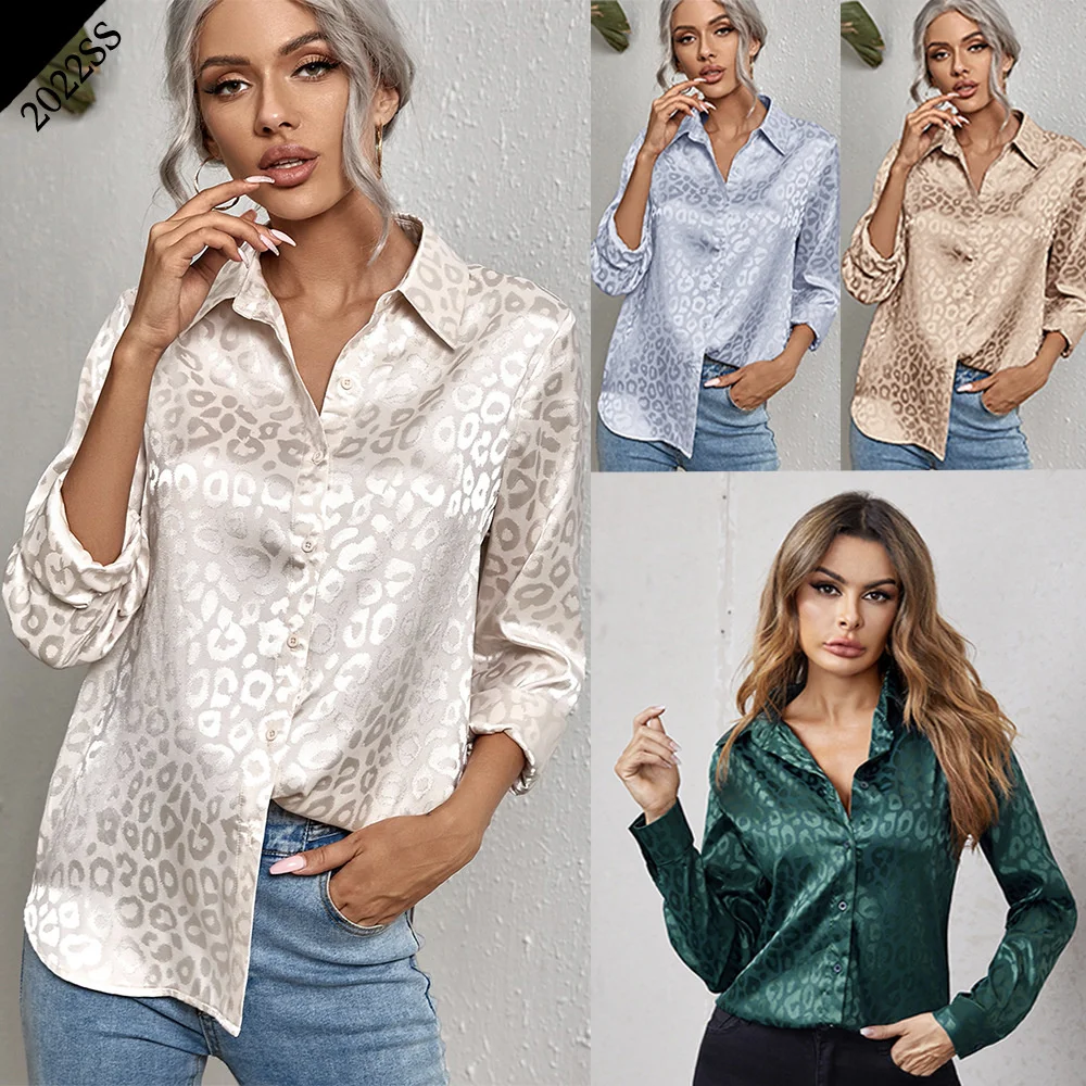 

2022 Women Shirt Spring And Summer New Lapel Open Button Leopard Jacquard Shirt Temperament Commuter Long Sleeve Top Blouse