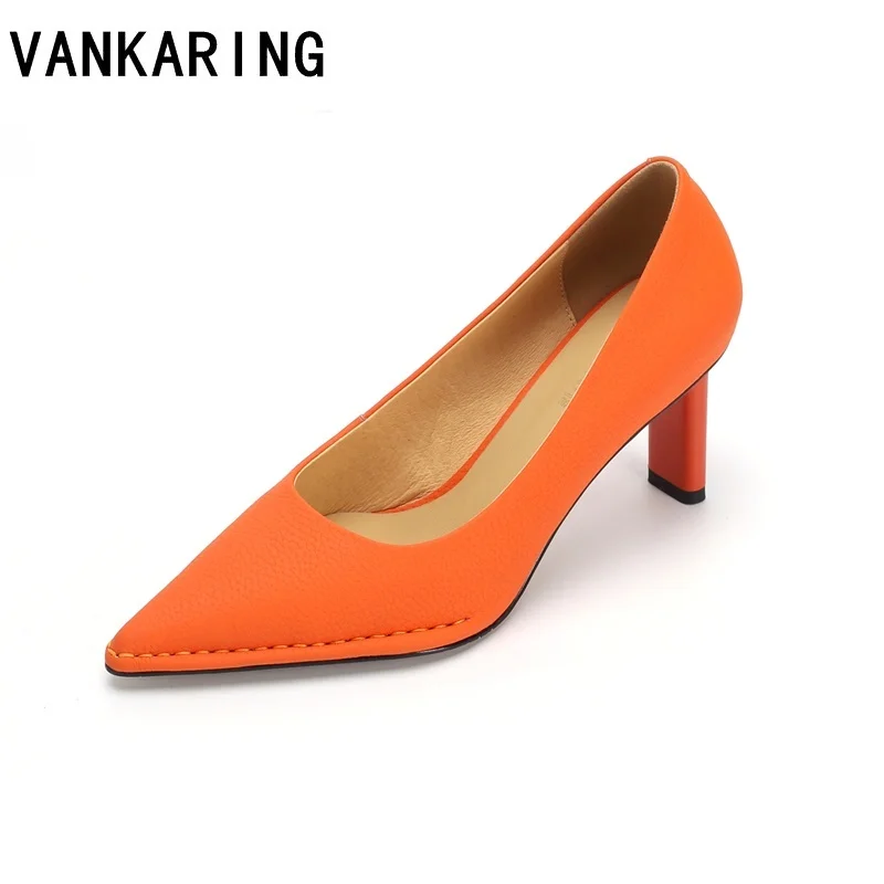 

genuine leather women's pumps office lady pumps pointed toe working shoes spring summer thin high heels shoes nude pumps orange