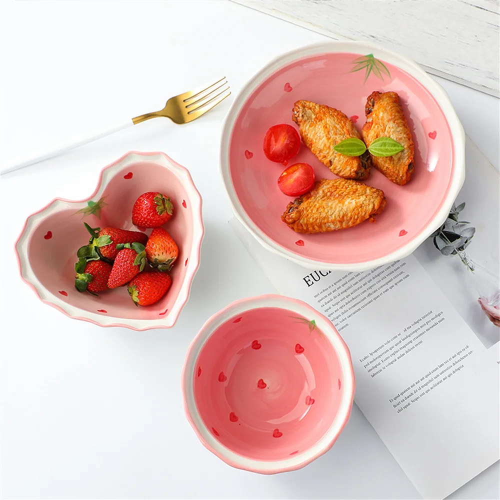 

Delicate Porcelain Ceramic Bowl Creative Idea Love Ceramic Bowl Lace Design Fresh Strawberry Pattern Strawberry Heart Bowl Bowl