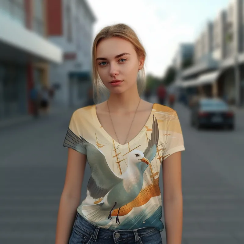 

Ladies Summer Casual Comfortable V-neck T-shirt Fashion Temperament 3D Printing T-shirt Hawaiian Seaside Party T-shirt