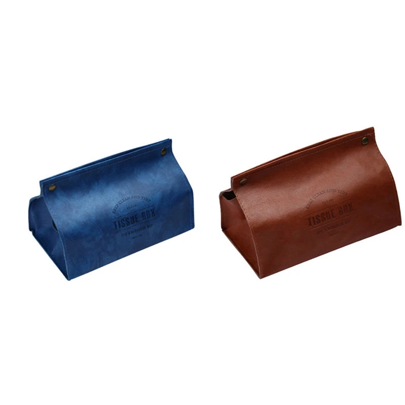

2 Pcs PU Leather Tissue Box Napkin Holder Rectangular Household Kitchen Paper Holder Storage Box, Blue & Brown