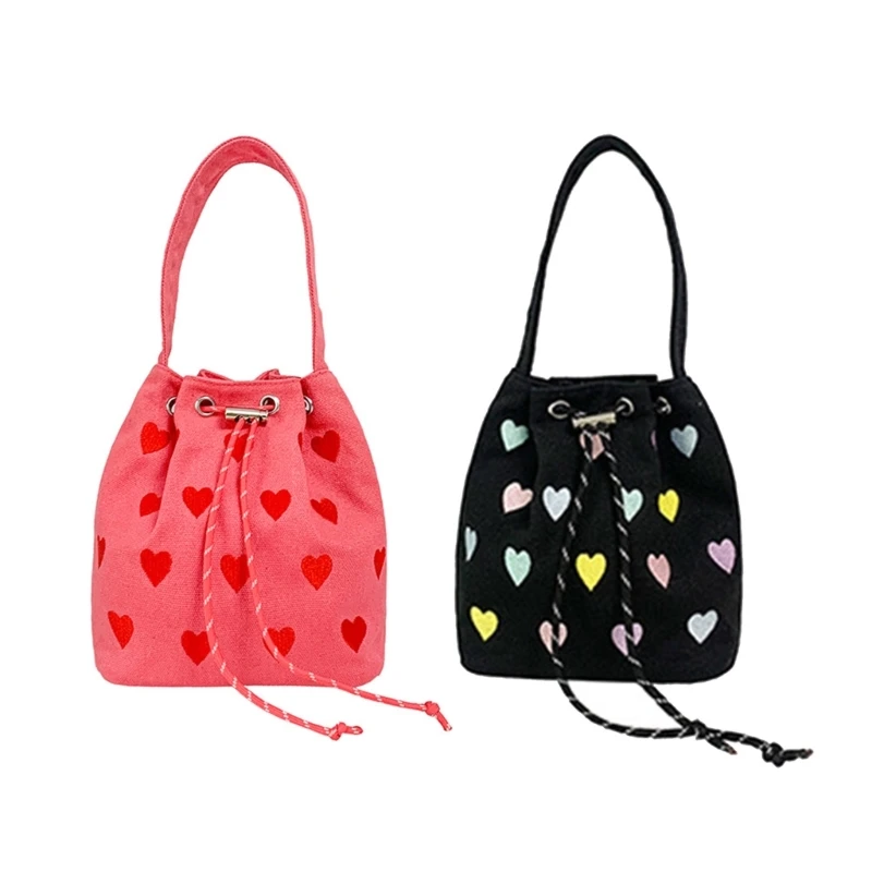 

X4FF Drawstring Bucket Bag Embroidered Canvas Handbag Purse Crossbody Bucket Bag