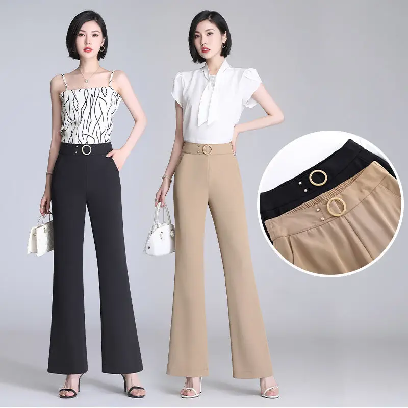 Spring Summer Thin Suit Flare Pants Office Lady High Waist Elastic Ice Silk Loose Wide Leg Straight Women Casual Long Trousers