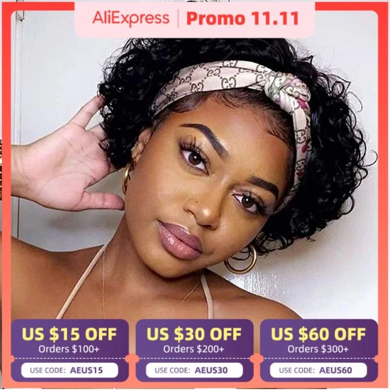 

Glueless Short Curly Human Hair Wigs For Women Kinky Curly Headband Wig Pixie Cut Wig Headbands Perruque Cheveux Humain On Sale