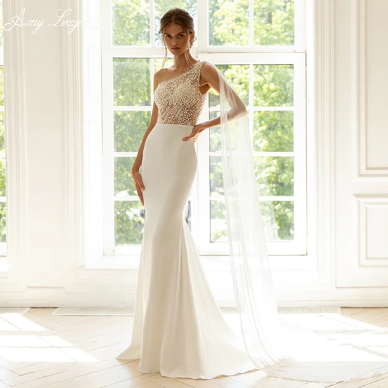 

Amy Lvager Delicate Appliques Beading Mermaid Wedding Dress 2023 Elegant O-Neck Illusion Back Trumpet Bridal Gown Robe De Mariée