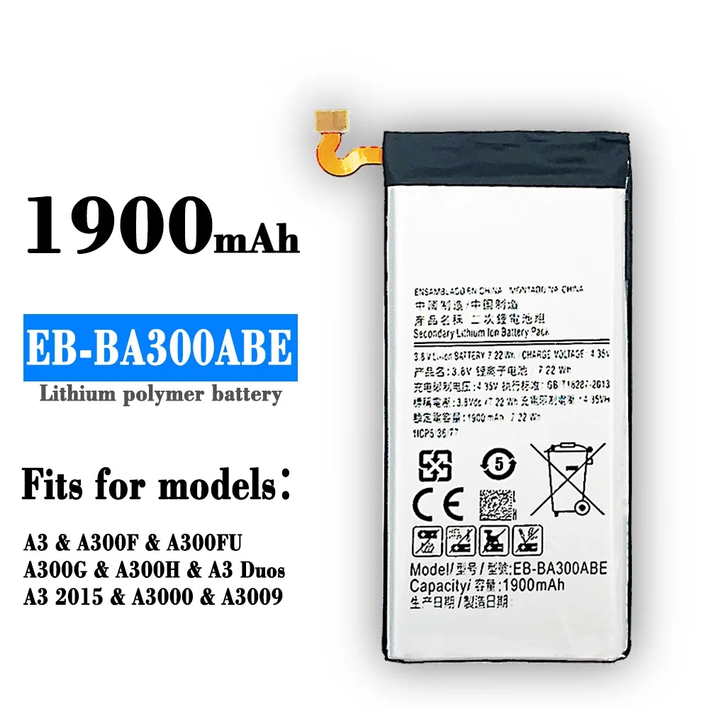 

EB-BA300ABE Orginal Top Quality Replacement Battery For Samsung Galaxy A3 DUOS A300 A3009 A300X SM-A300F SM-A300FU A3000 1900mAh