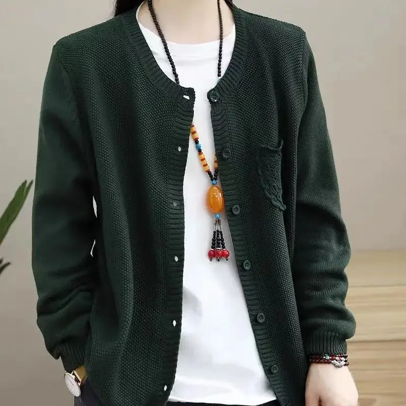 Женский свитер с вышивкой свободный однотонный кардиган круглым вырезом верхняя