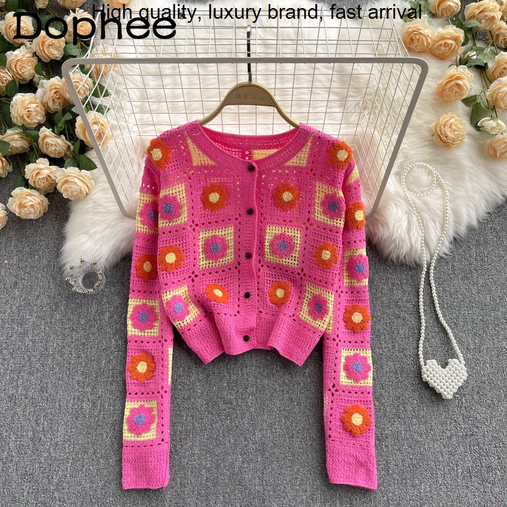 

Женский трикотажный кардиган с вышивкой, винтажный свитер с цветочной вышивкой, длинным рукавом и круглым вырезом, весна 2023