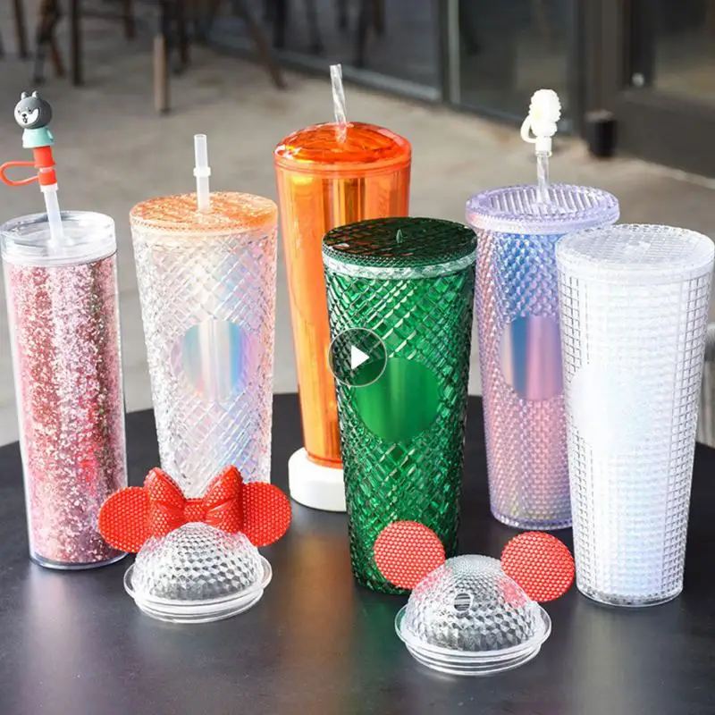 

710ml Diamond Coffee Cup Cold Water Mug Tumbler Cup With Straw Double Layer Plastic Durian Cup With No Logo Radiant Goddess Cups