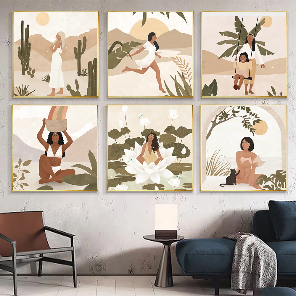 

Summer Yoga Retro Poster Sexy Woman Nude Girl Vintage Landscape Art Print Square Canvas Painting Living Room Kid No Frame Decor