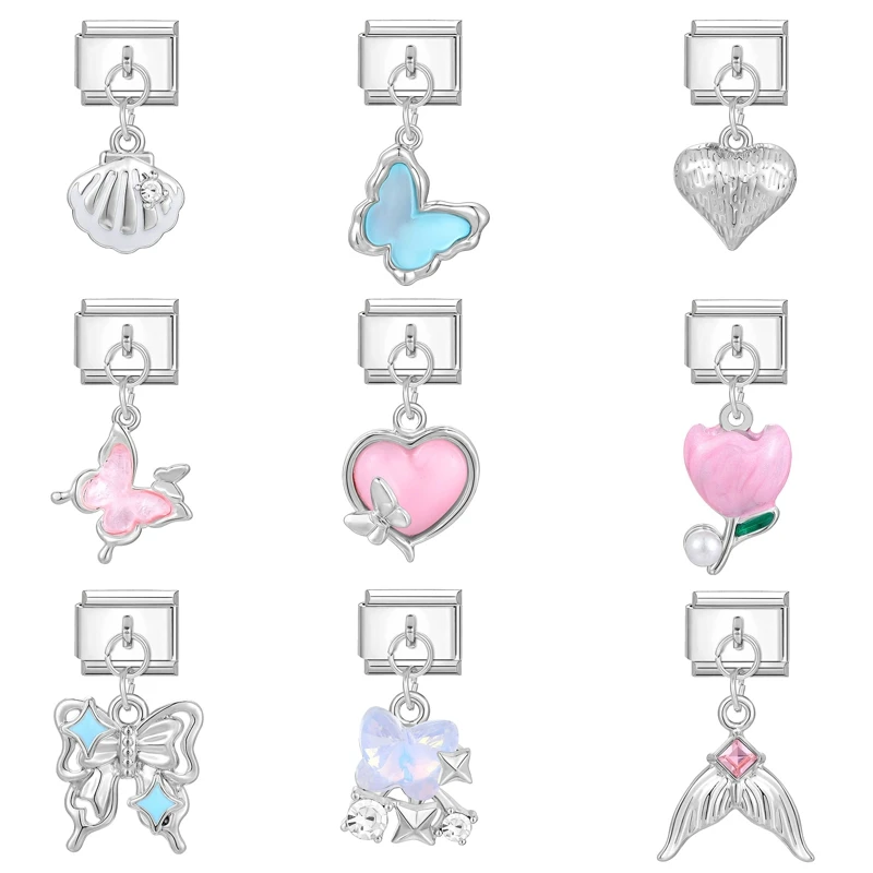 Couple Bracelet Butterfly Love Wings Tulip Italian Charm Links Fit 9mm Stainless Steel DIY Jewelry Making Wholesale