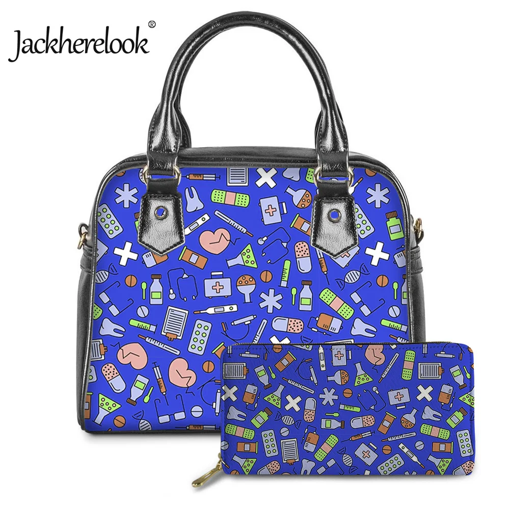 

Jackherelook 2Pcs/Set Cartoon Medicine Women Luxury PU Leather Cross Body Bags Ladies Handbag Wallet Messenger Bag Bolso Mujer