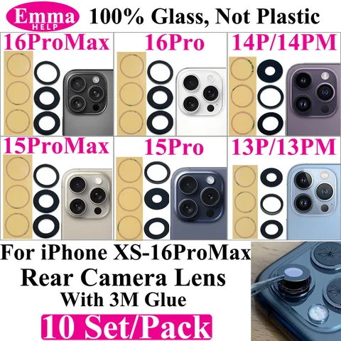10 комплектов стеклянных линз для камеры iPhone 16 15 Plus 14 13 11 ProMax 12 Mini, задняя крышка камеры, объектив с наклейкой, клейкий ремонт