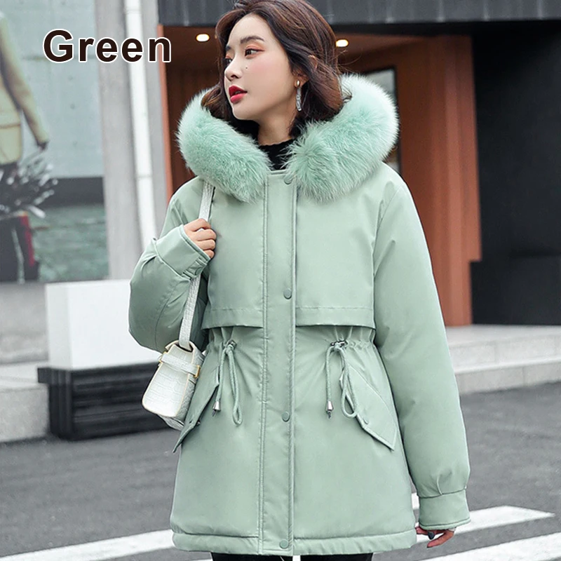 Winter Thicken Parkas Women 2022 Fur Collar Hooded Warm Padded Jackets Casual Slim Belted Mid Long Coats Female Clothing Outwear