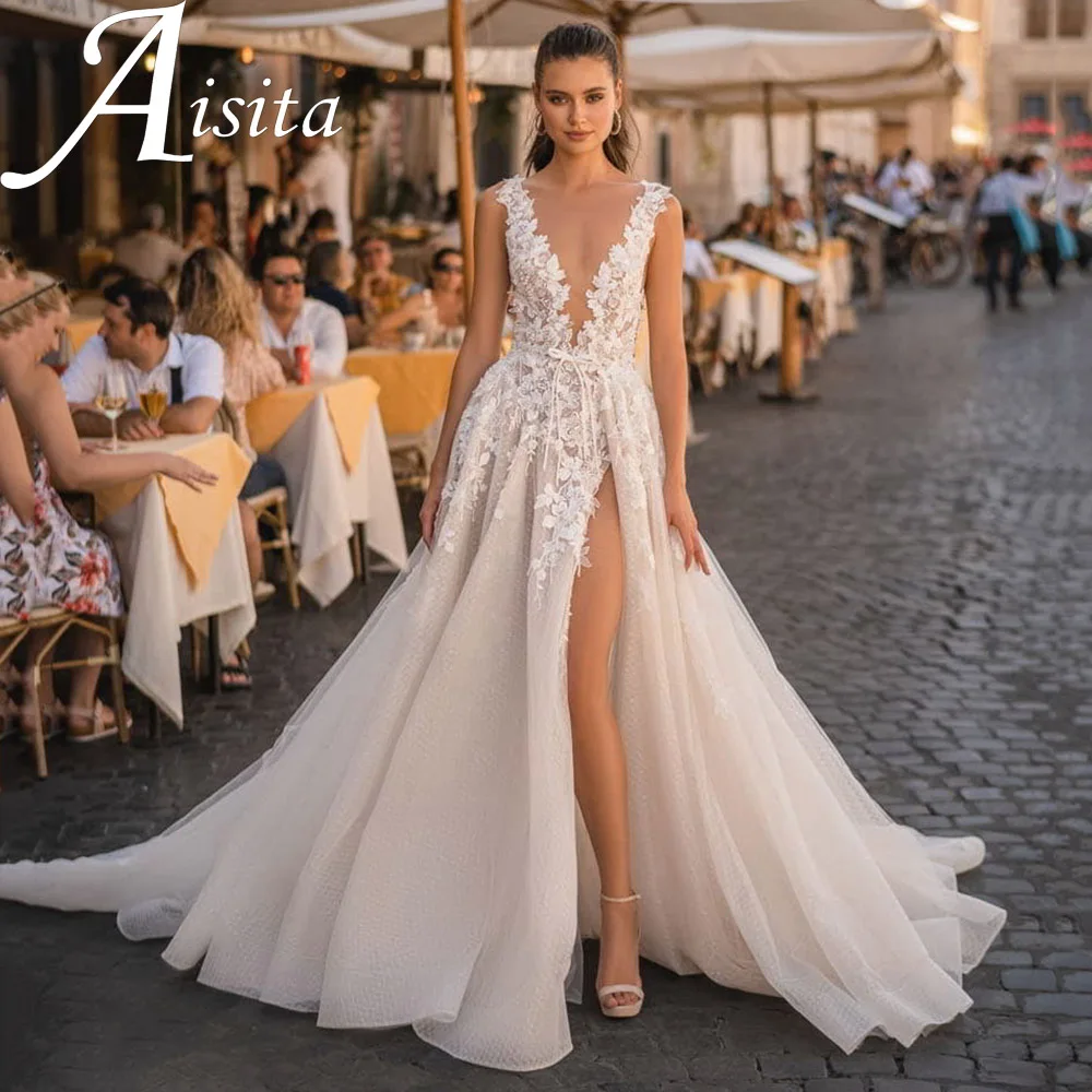 

Sexy Side Split Deep V Neck Wedding Dress Sleeveless Lace Appliques Bridal Gown Open Back Sweep Train Vestidos De Novia