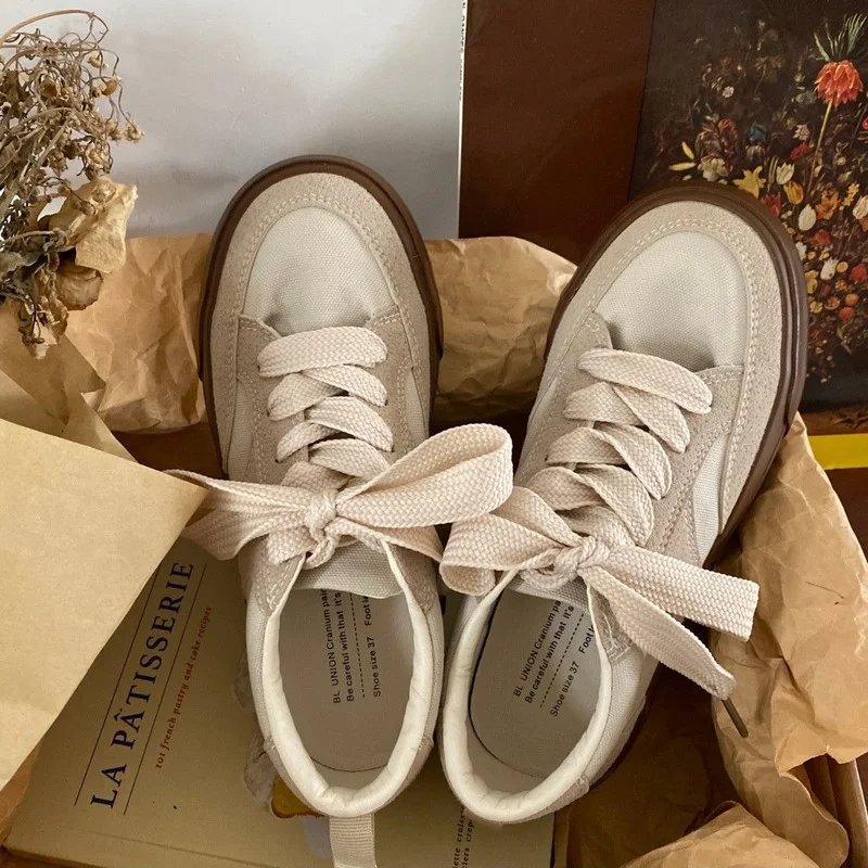 

QWEEK 2022 New Spring Brown Platform Sports Korean Women's Sneakers Flat Canvas Casual Vulcanize Shoes Tennis Basket Running