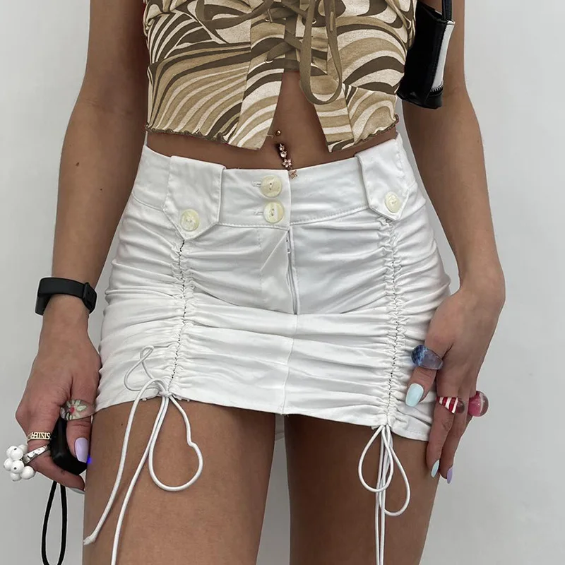 

Vintage Women Casual Short Skirt Solid Color Buttons Decoration Slim-Fit Drawstring Pleated Skirt Fashion Street Style Hot Girl