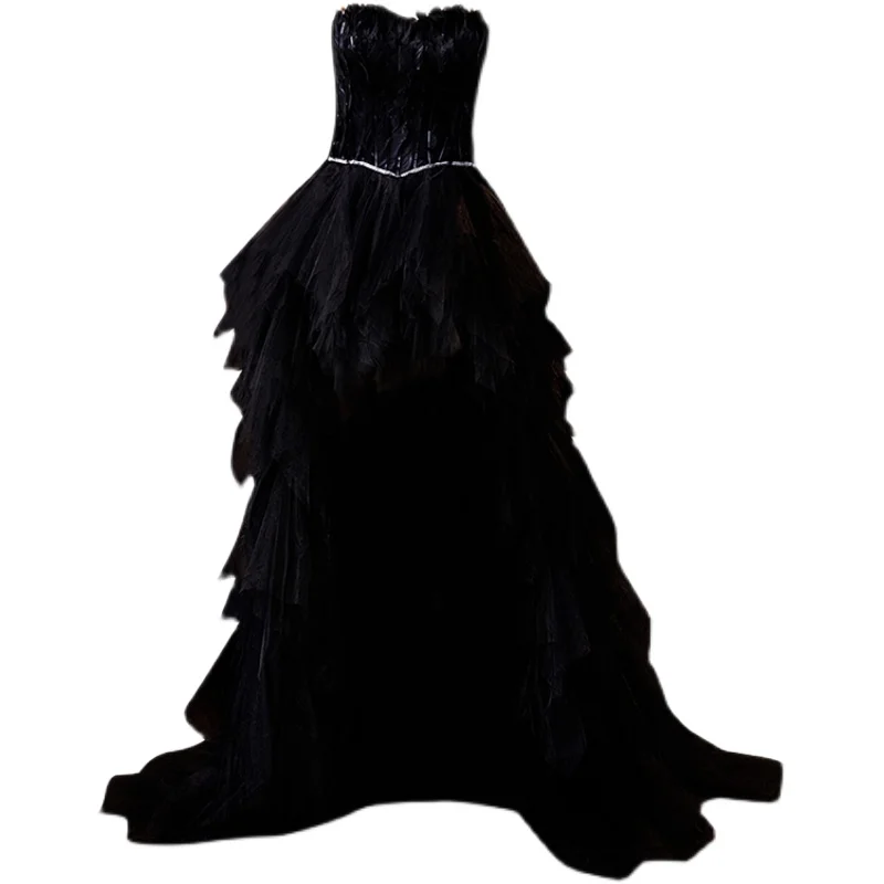 

Black Feather Front Short Back Long Trailing Wedding Dress Banquet Annual Meeting Stage Show Host's Dress