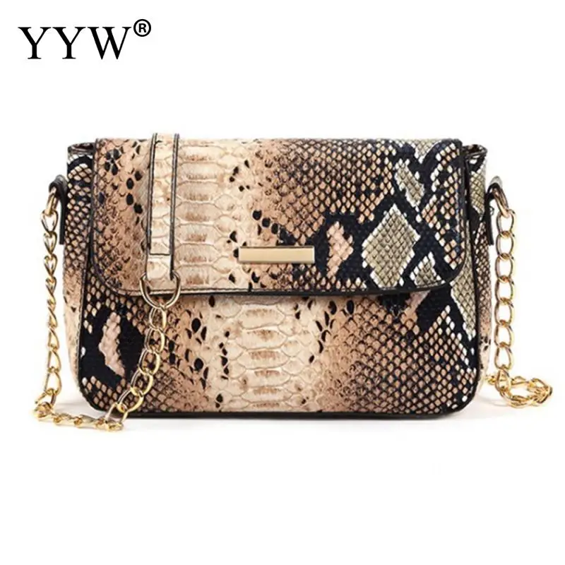 

YYW PU Leather Crossbody Bags Female New Fashion Small Snake Print Flap Shoulder Bag For Women Girls Square Chain Messenger Bag