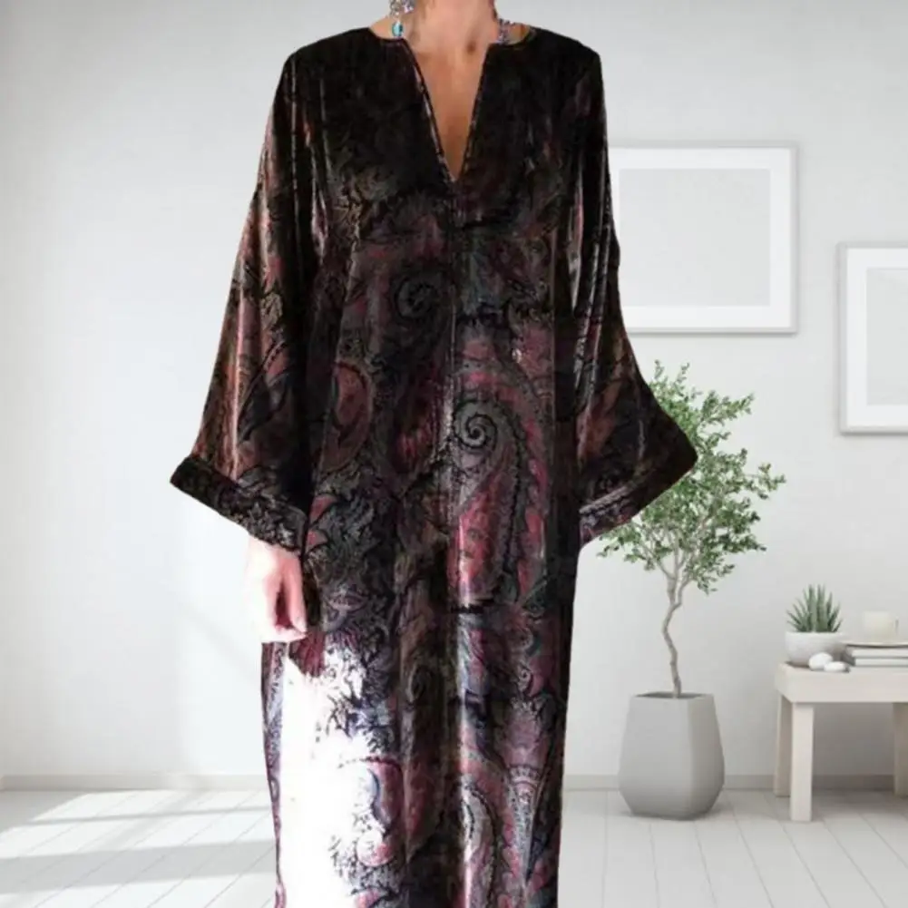 

Fashion V Neck Long Sleeves Breathable Ankle Length Boho Dress Autumn Retro Bohemia Printing Loose Maxi Dress Streetwear