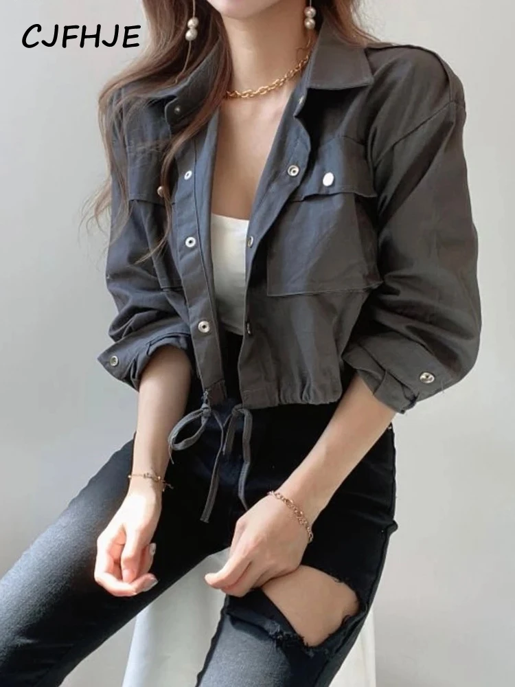 

Hot Sales Women Lace-Up Solid Gray White Single Breasted Button Jackets 2022 Fall Autumn Spring Cute Short Coats Outerwear