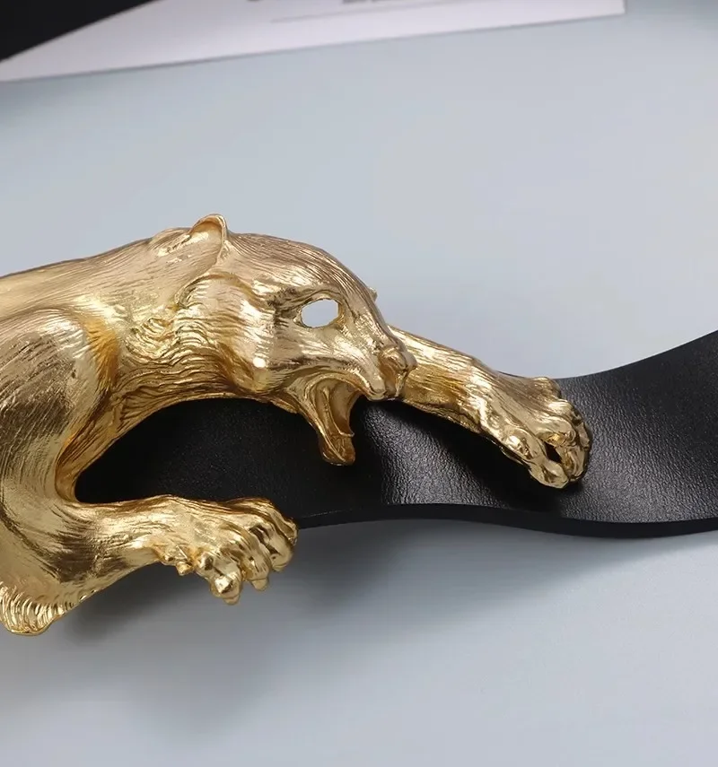 Женский модный черный корсет из натуральной кожи с золотым леопардовым принтом