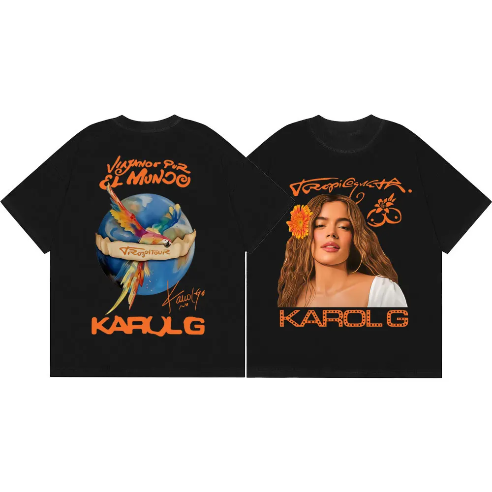 Фото Футболка Karol G Tropicoqueta Tour 2026 с двусторонним принтом, модная, в стиле хип-хоп, с коротким рукавом, для мужчин и женщин, повседневная, свободного кроя №1