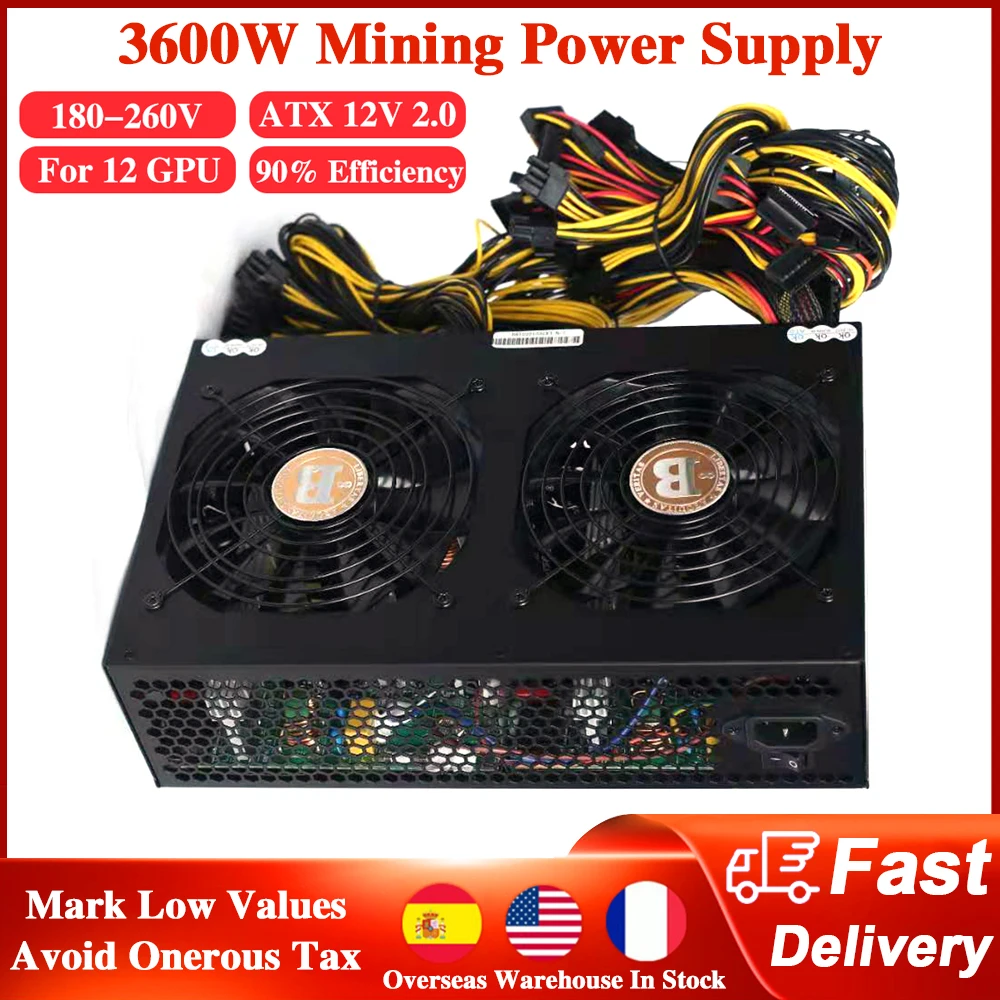 

3600W 180-260V Mining Power Supply 12V ATX 90% Efficiency Support 12 GPU Graphics Display Card PSU for ETH BTC LTC XMR Miner Rig