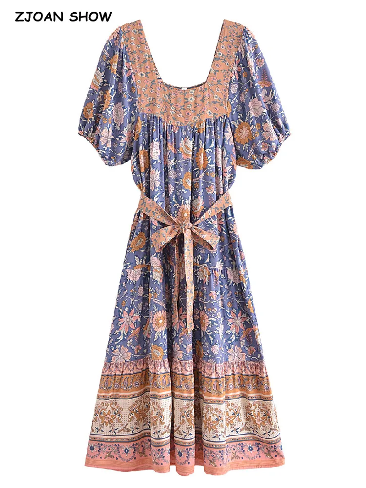 

Женское платье в стиле бохо, длинное пляжное платье миди контрастных цветов с цветочным принтом и квадратным вырезом, с бантом на поясе и пы...