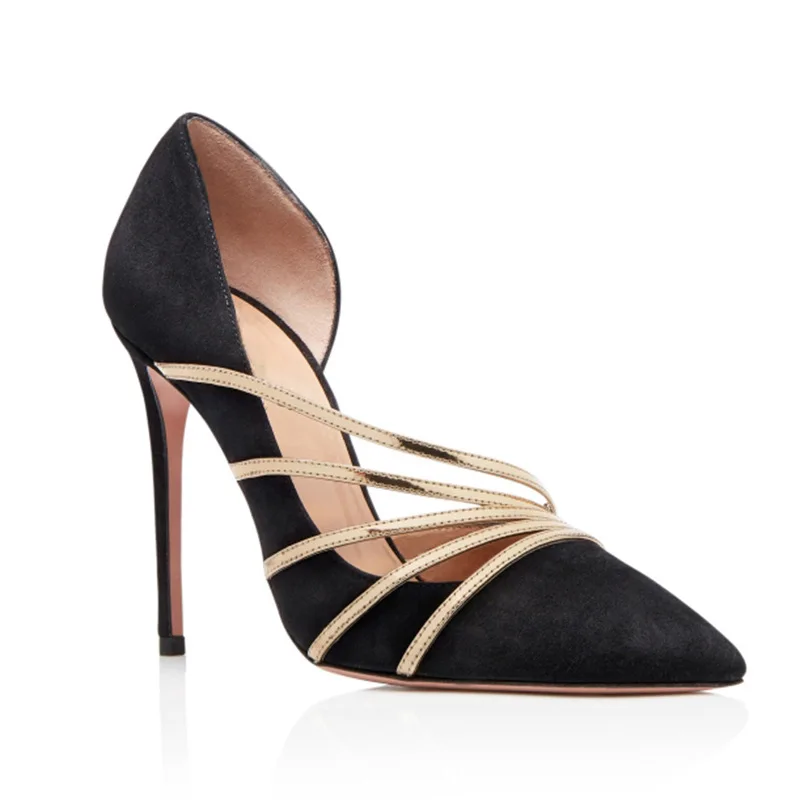 

Suede Shoes For Women Sexy Party Color Blocking Pumps Pointed Toe Slingback Escarpins Gold Belt High Heels Zapatos Mujer
