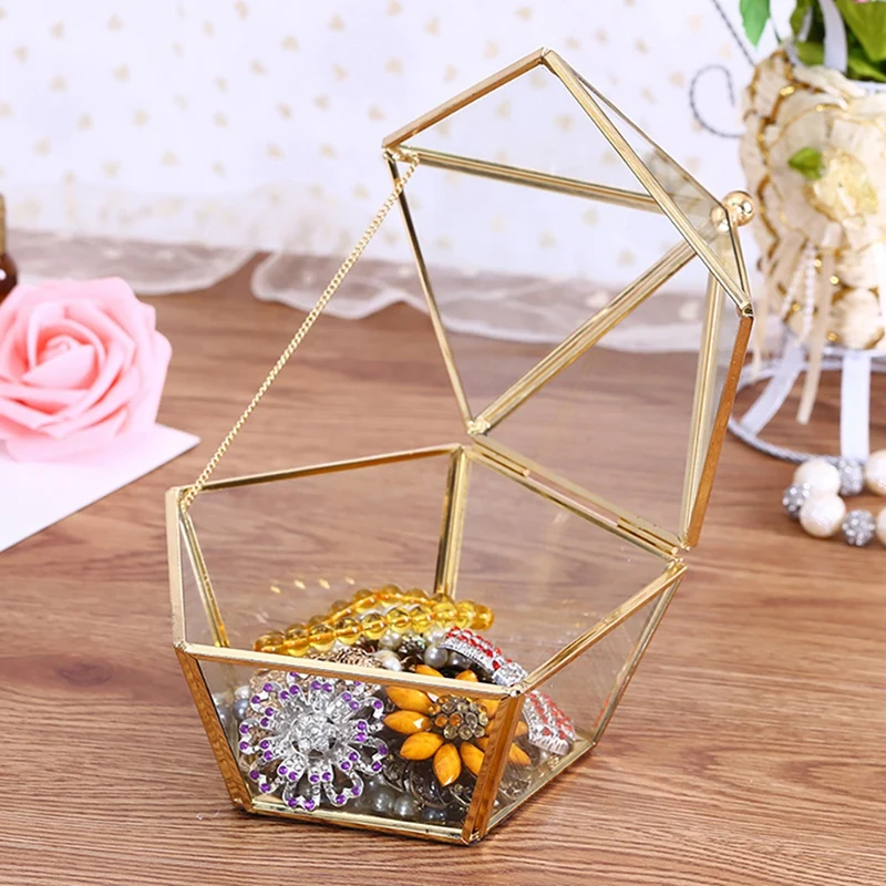 Copper Frame Geometric Shape Handicraft Glass Flower Room Small Pentagonal Open Lid Jewelry Box