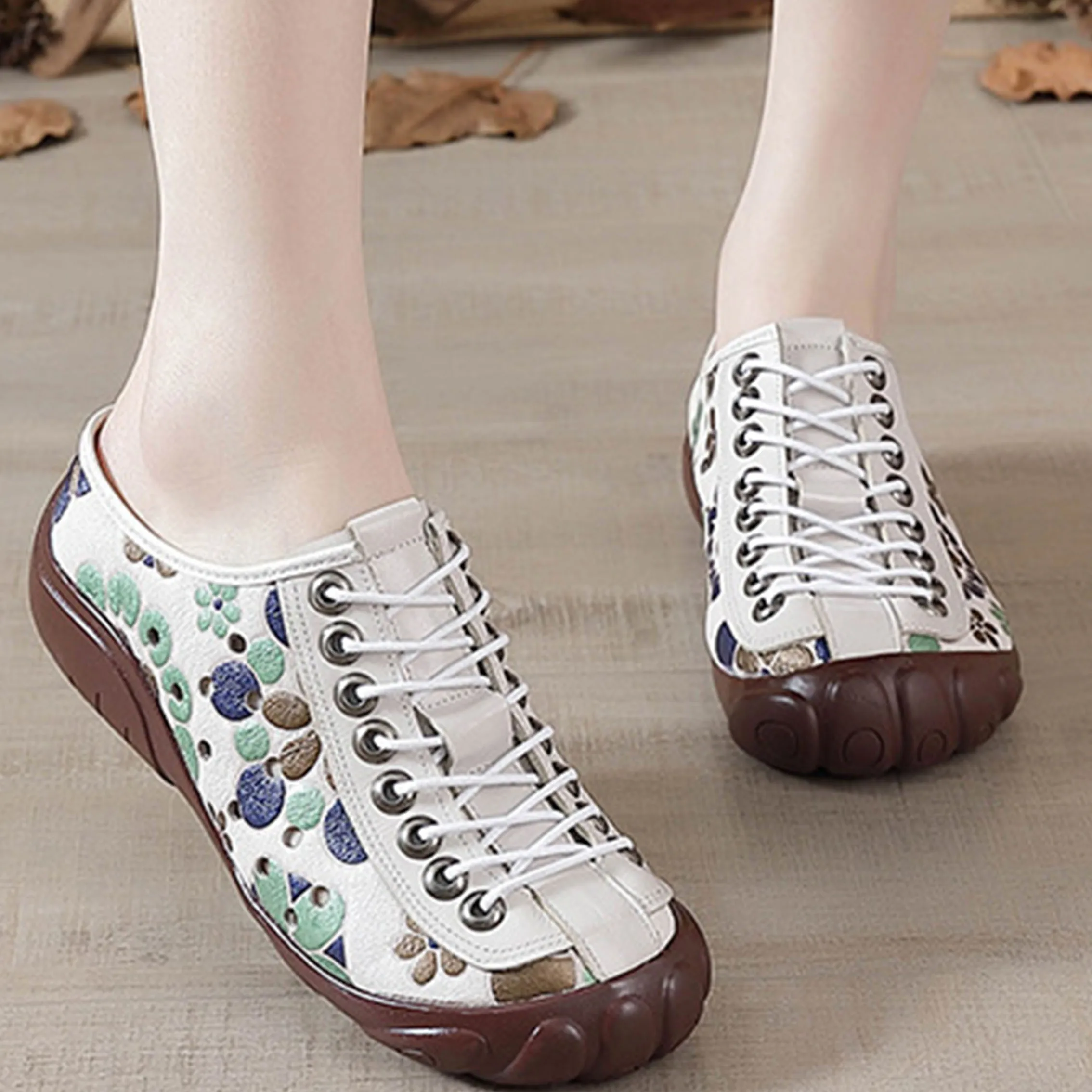 Genuine Leather Flats Women Sneakers Hollow Lace-up Comfy Round Toe 2023 New Summer Concise Leisure Retro Handmade Ladies Shoe