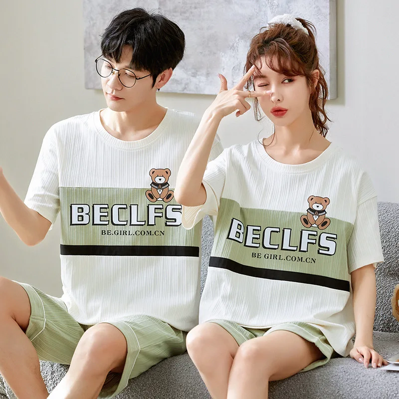 Summer Couple Pajamas Set New Green Little Dinosaur Loose Cotton Nightwear Mujer Casual Home Suit Sweet Sleepwear For Women Men