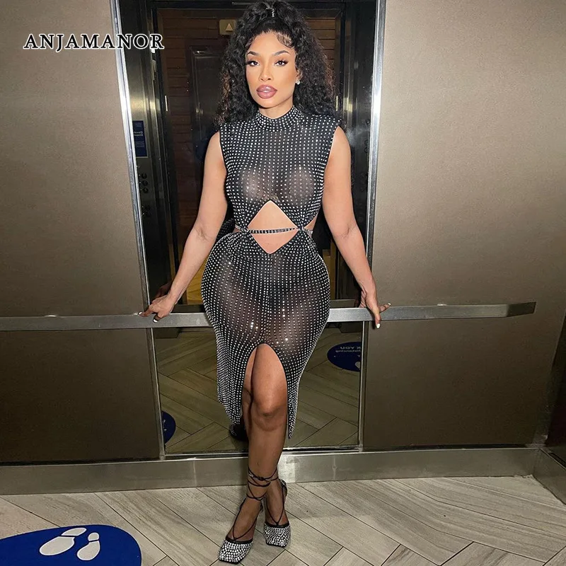 

ANJAMANOR Sparkle Rhinestone Mesh See Through Dress Cutout Backless Split Luxury Evening Party Dresses for Women 2022 D42-FD28