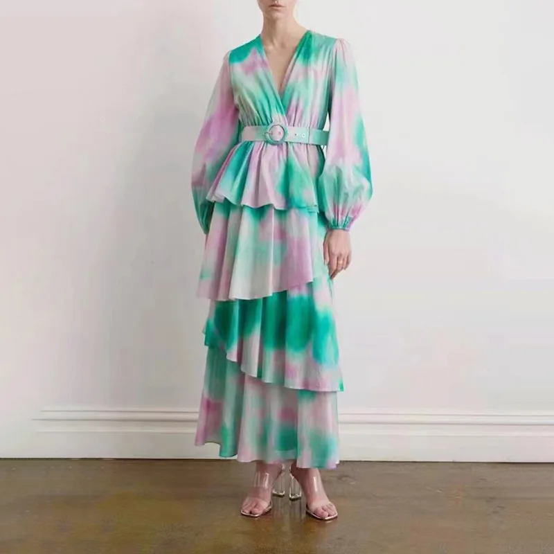 

New European and American Elegant Tie-Dyed Cake Layer Waist-Controlled Long Sleeves Dress