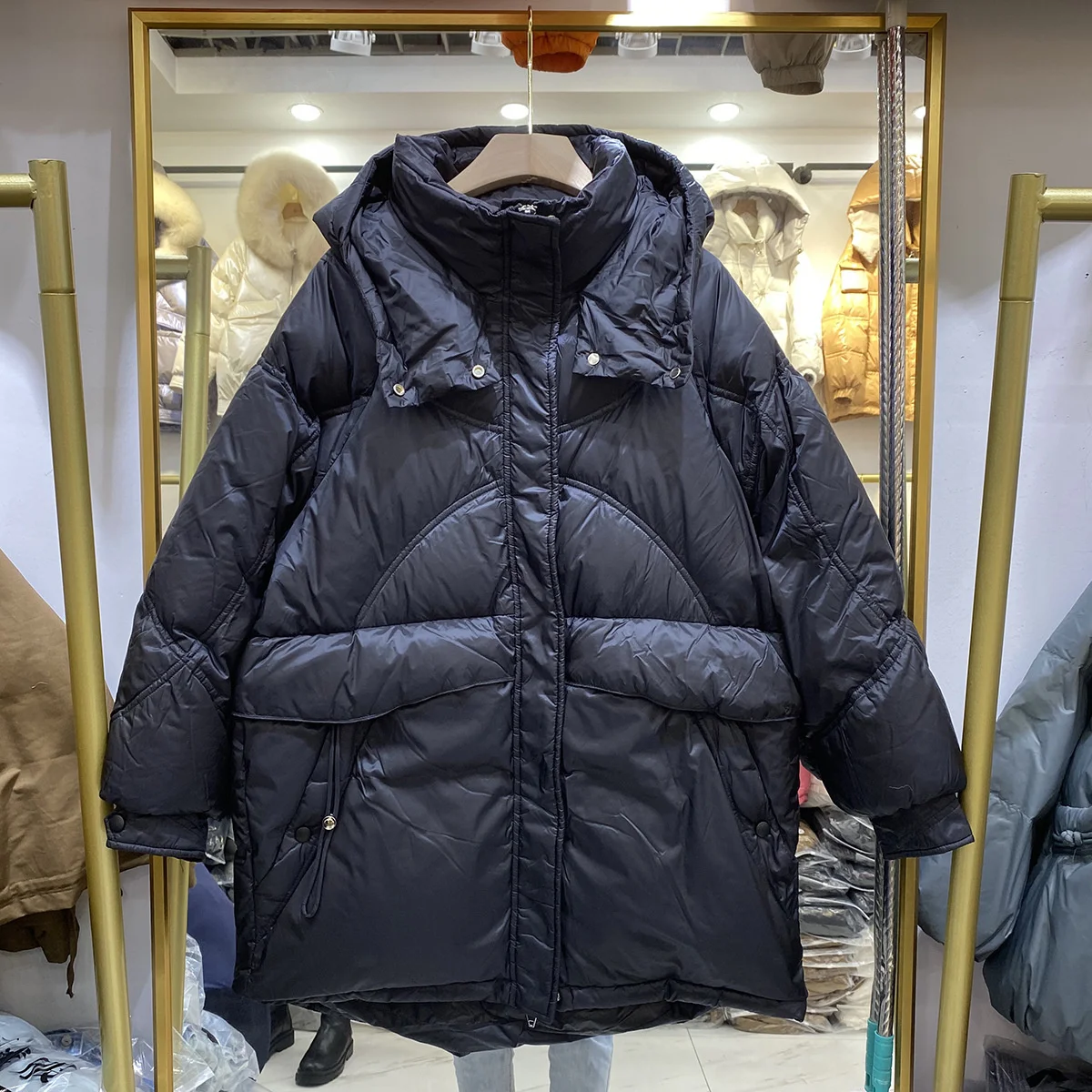 Winter Mid-length Down Jacket Women 2022 New Korean Fashion Black Loose White Duck Down Hooded Warm Cotton Coat
