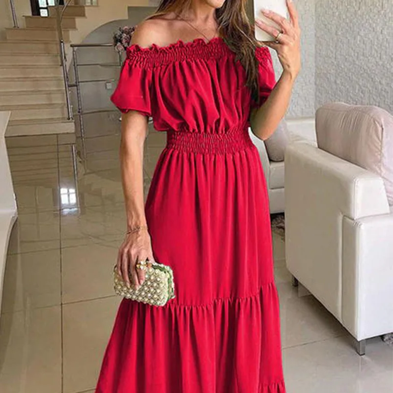 

Casual Short Sleeve Off Shoulder High Waist Short Sleeve Ruffle Maxi Dress Women Summer Elegant Corset Bohemian Long Dress