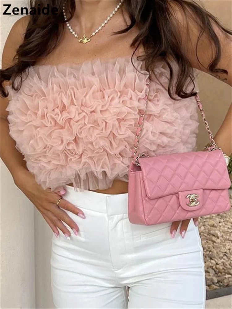 

Женский укороченный Топ без бретелек Zenaide, розовый сетчатый топ с оборками, без рукавов, с открытой спиной, вечерние, лето 2022