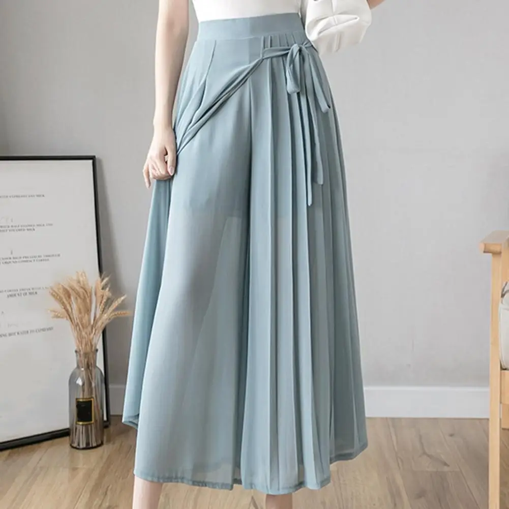 Casual Women Chiffon Pants Solid Color Wide Leg High Waist Pleated Loose Slacks Trousers for Work Female Clothing Pantalones