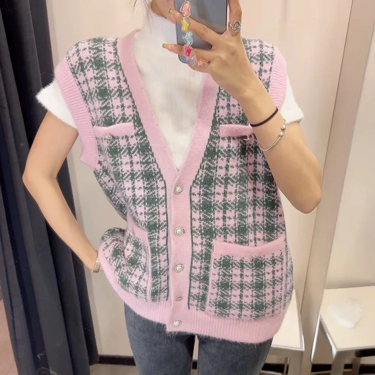 

Spring Women's New Fashion Check Stretch Knit Loose Vest Skirt Suit