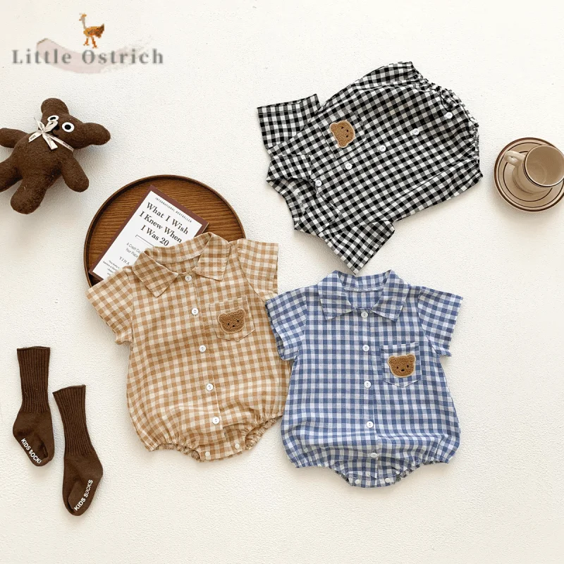 

Newborn Baby Girl Boy Cotton Plaid Romper Short Sleeve Cartoon Bear Jumpsuit Toddler Child Casual Pullover Baby Clothes 3-18M