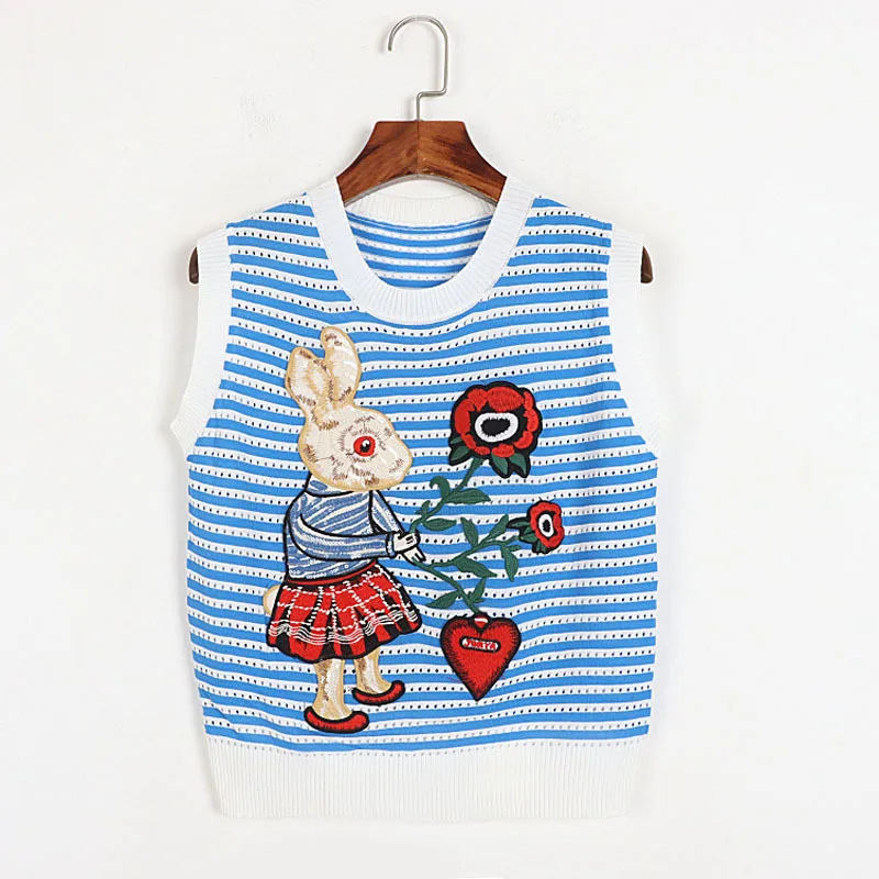 

2022 Summer New Round Neck Sleeveless Vest Rabbit Embroidery Casual Straight Knitted Tops Pullover Striped Korean Clothes