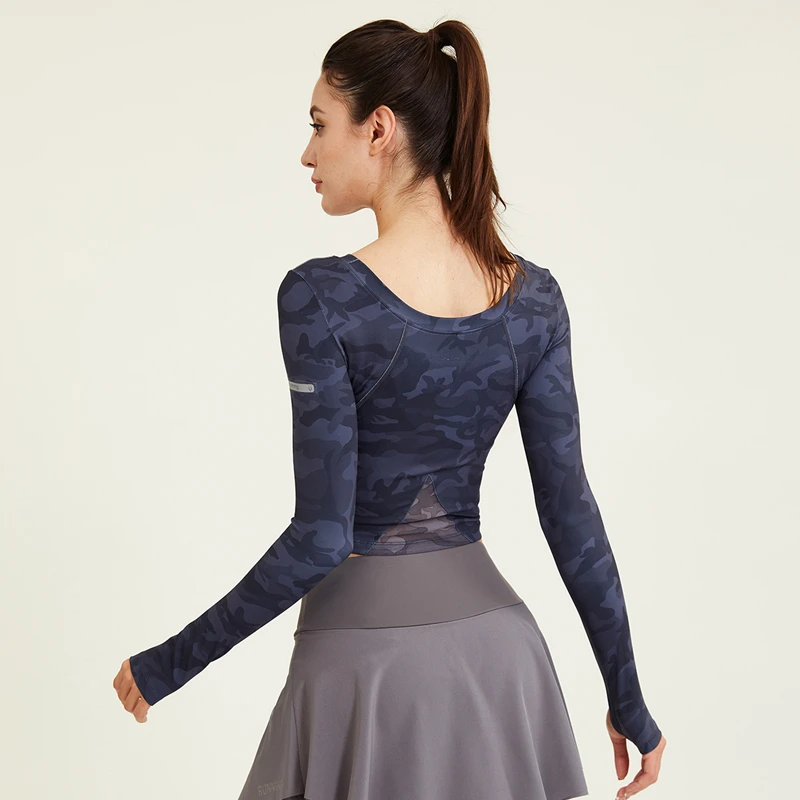 Women Camouflage Yoga Shirt Mesh Breathable Back Tops Running Long Sleeve Blouse Workout Gym Tie Dye T-Shirt With Thumb Holes